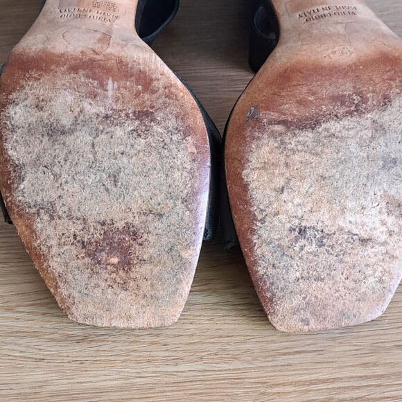 Melin Vintage Leather Ankle Strap Sandals Women 36 Black Block Heel Wood Detail - Picture 11 of 13